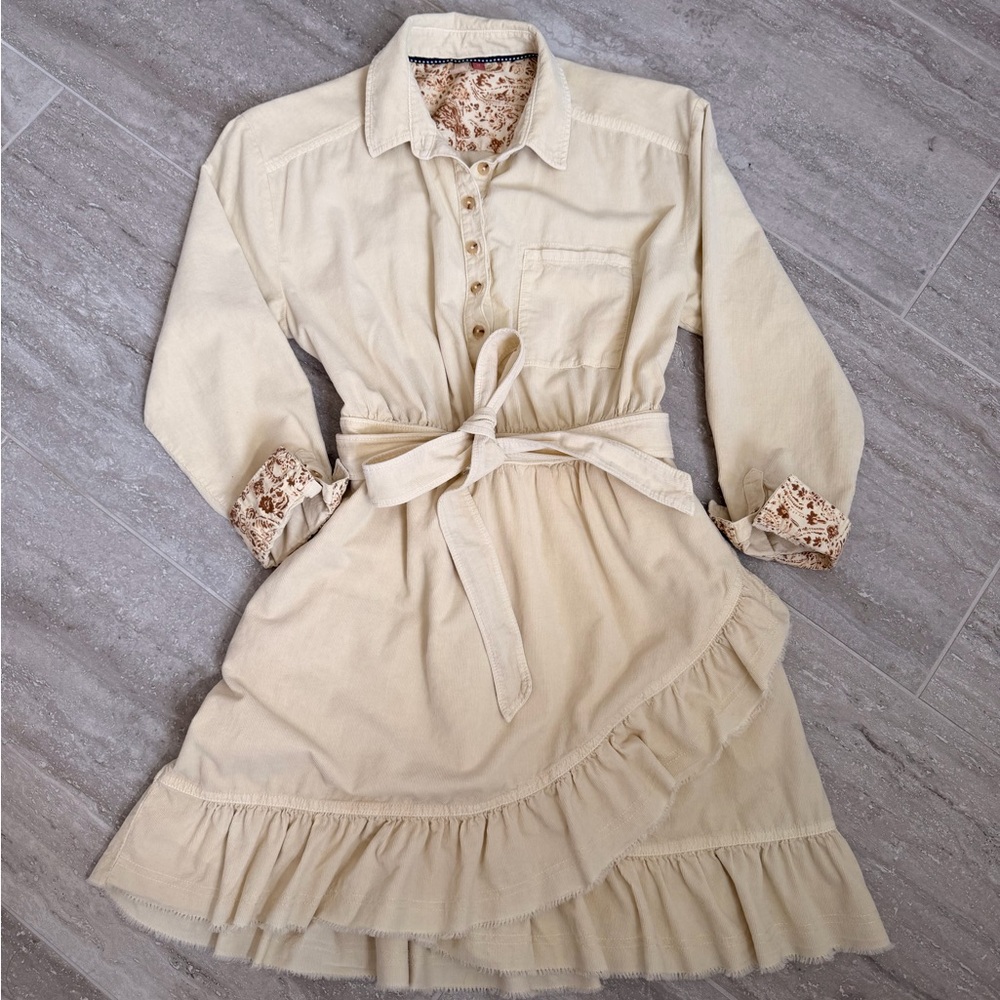 Pilcro Anthropologie Cream Boho Mini Dress Tie Waist Ruffle Hem XS - Picture 9 of 15